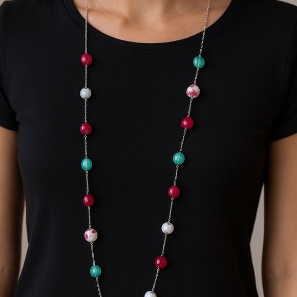 Bead Necklace Silvertone chain multicolor 48” long - Picture 1 of 12